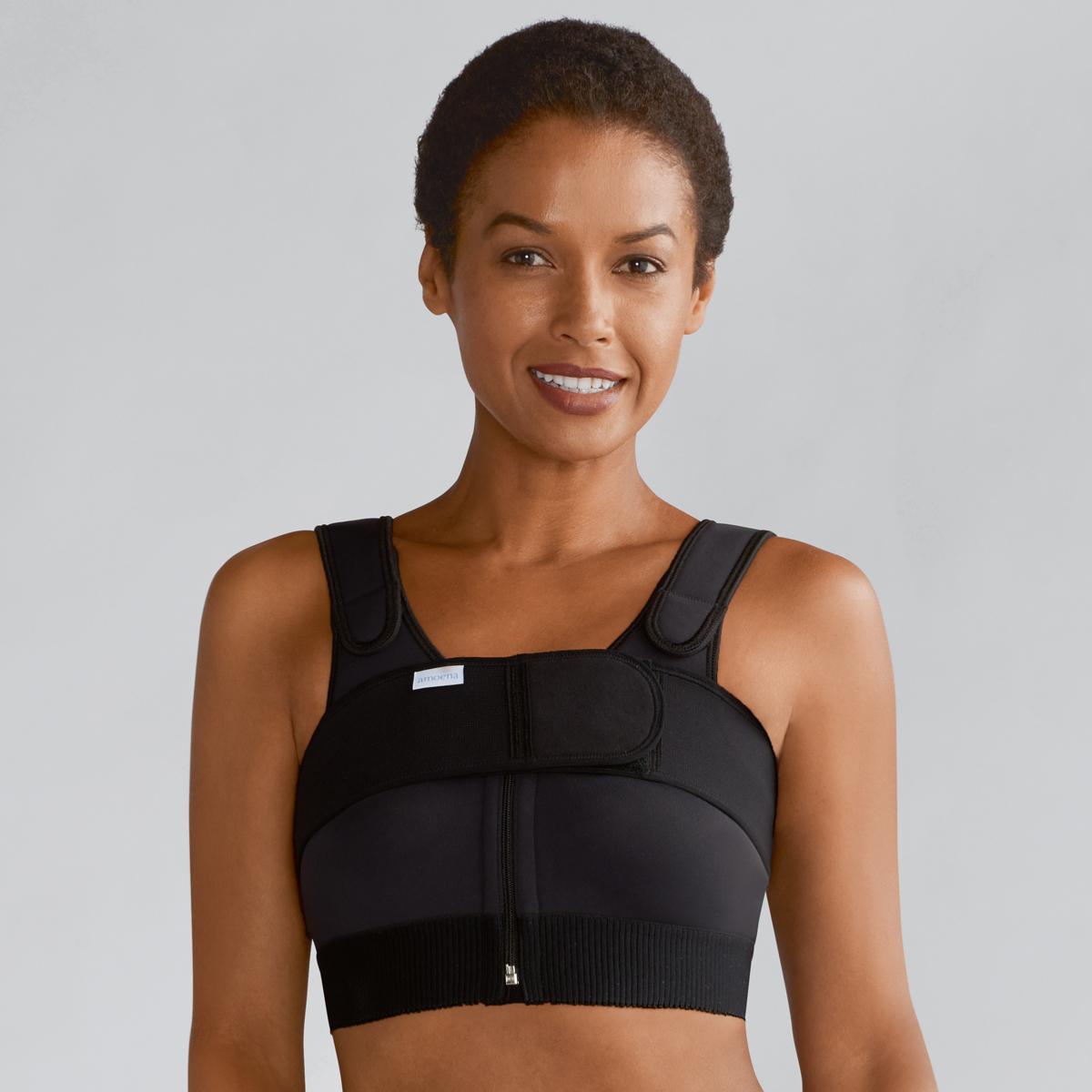 Soutien gorge de compression ouvert devant Sarah noir Amoena